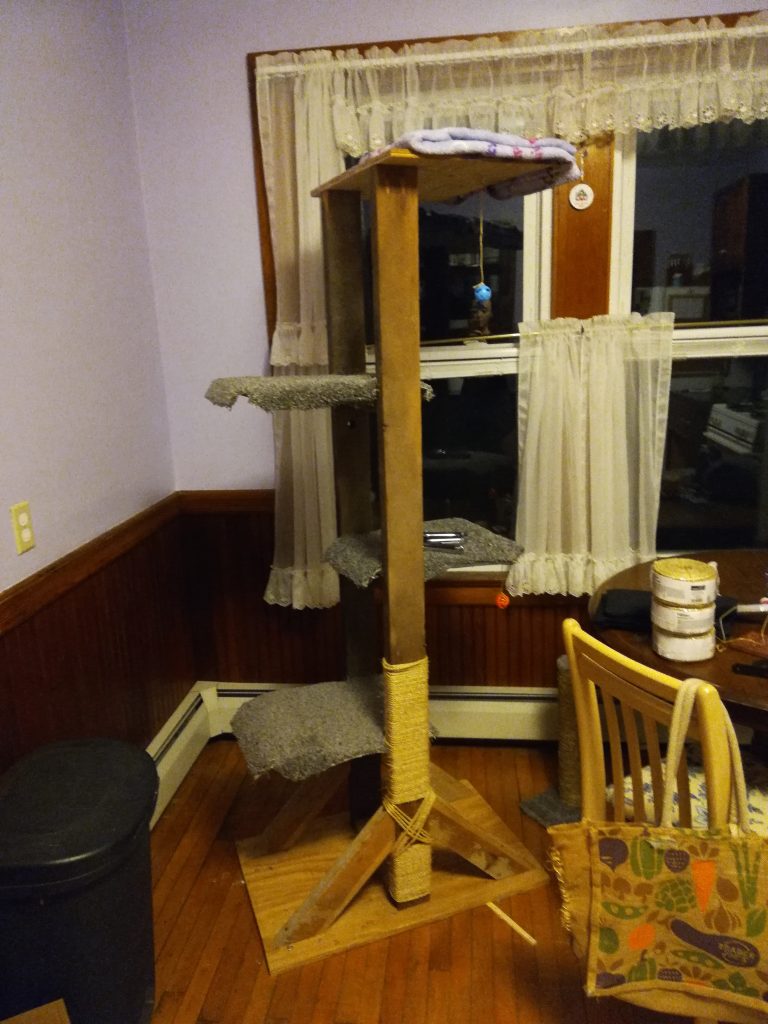 adding the rug to our super easy DIY cat tree